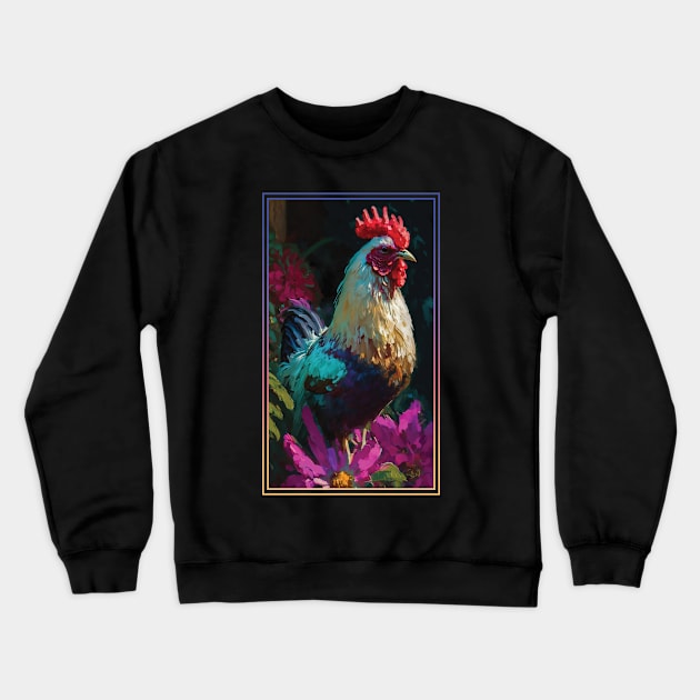 Chicken Rooster Vibrant Tropical Flower Tall Digital Oil Painting Portrait Crewneck Sweatshirt by ArtHouseFlunky